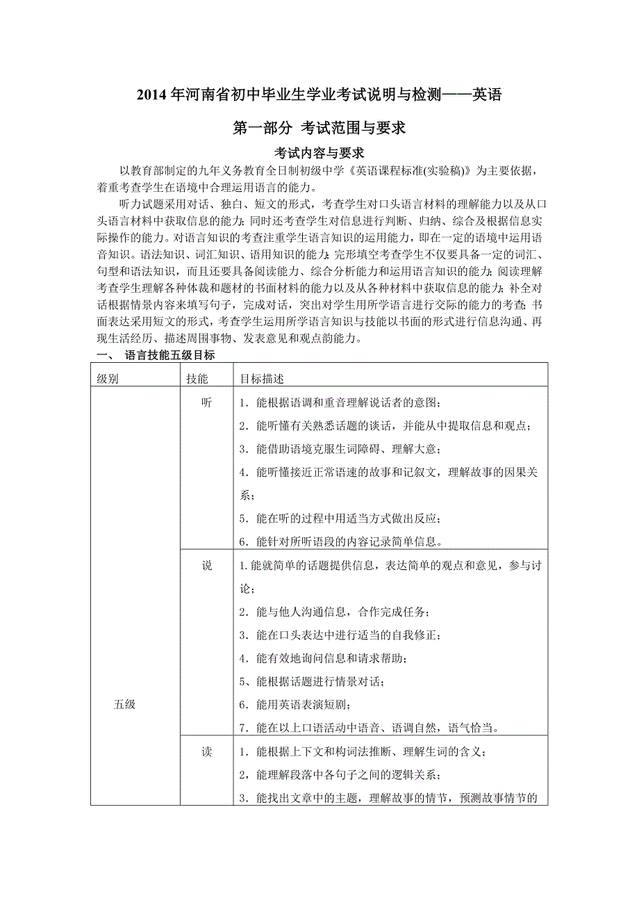 2014年河南省初中毕业生学业考试说明与检测-英语_第1页