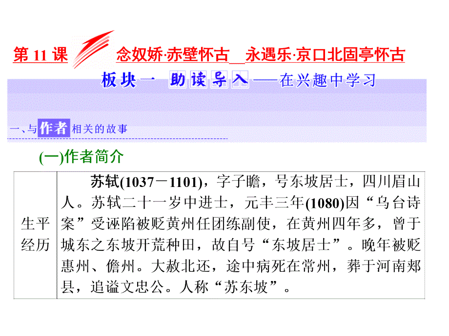 念奴娇&#183;赤壁怀古永遇乐&#183;京口北固亭怀古ppt解析-课件_第1页