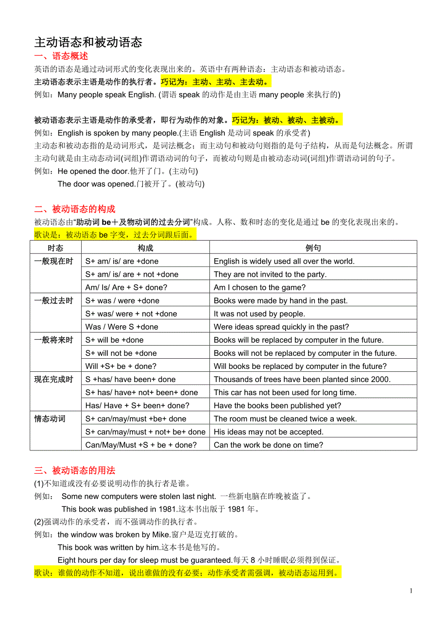 (完整版)被动语态讲解和对应中考题练习_第1页