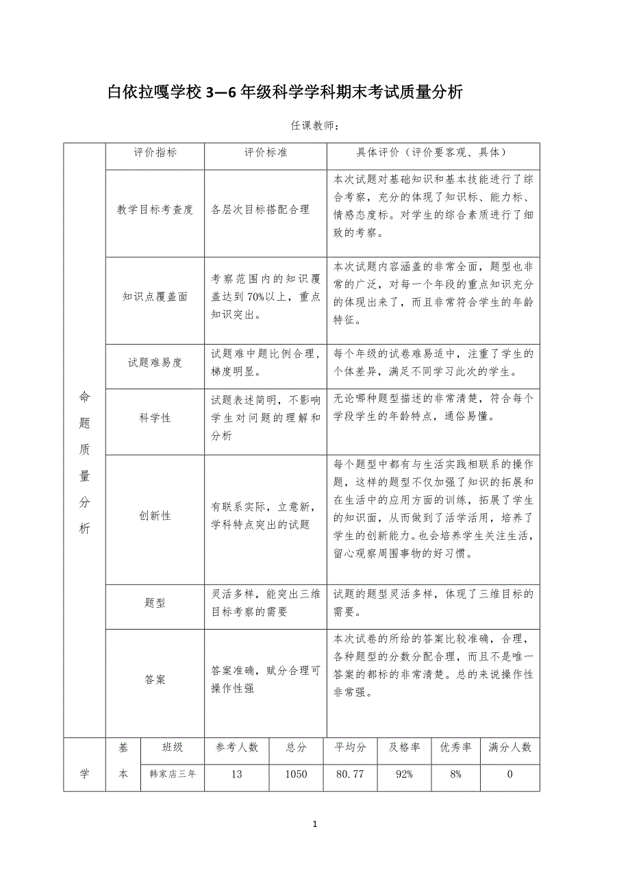(完整word版)科学期末考试质量分析.doc_第1页