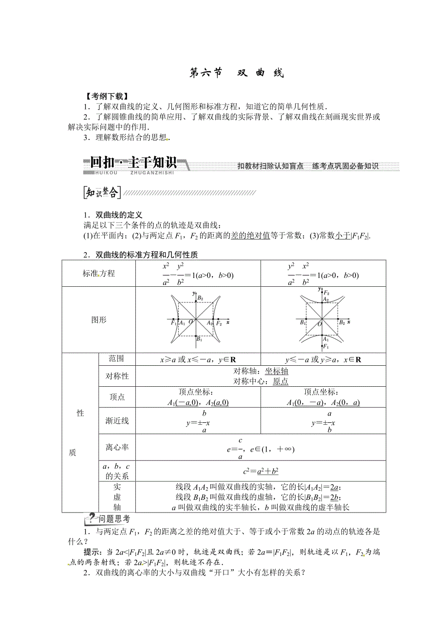 高考数学复习：第八章 ：第六节双曲线回扣主干知识提升学科素养_第1页