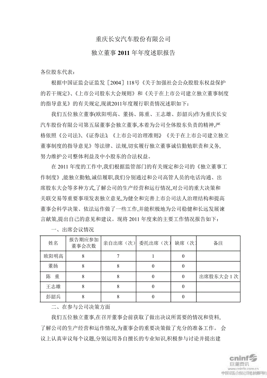 长安汽车：独立董事述职报告_第1页