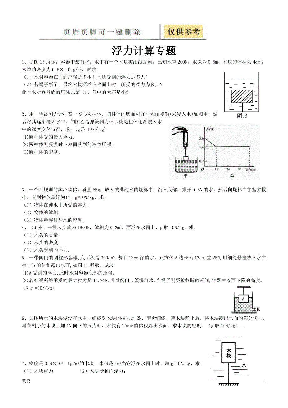 八年级物理浮力计算题(含答案)[基础教资]_第1页