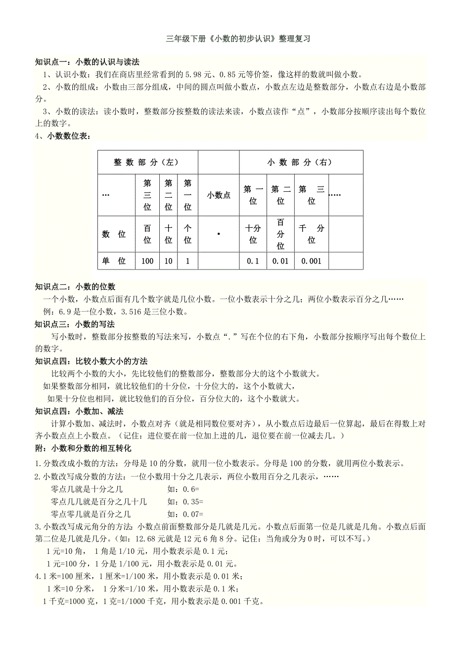 三年级小数的整理和复习学生用.doc_第1页