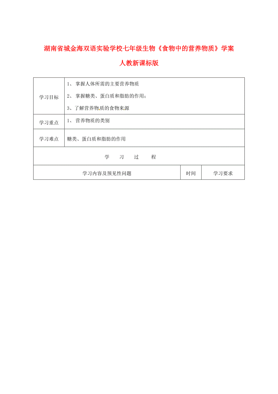 湖南省城七年级生物食物中的营养物质学案人教新课标版_第1页