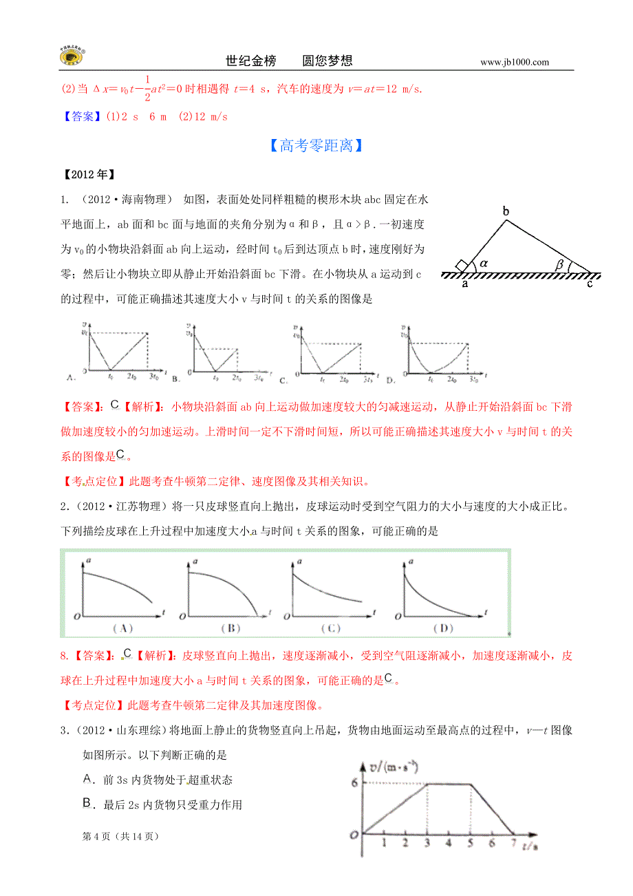 【jb1000一轮系列】2013版物理一轮精品复习学案：1.3运动图像追及相遇问题(必修1)_第4页