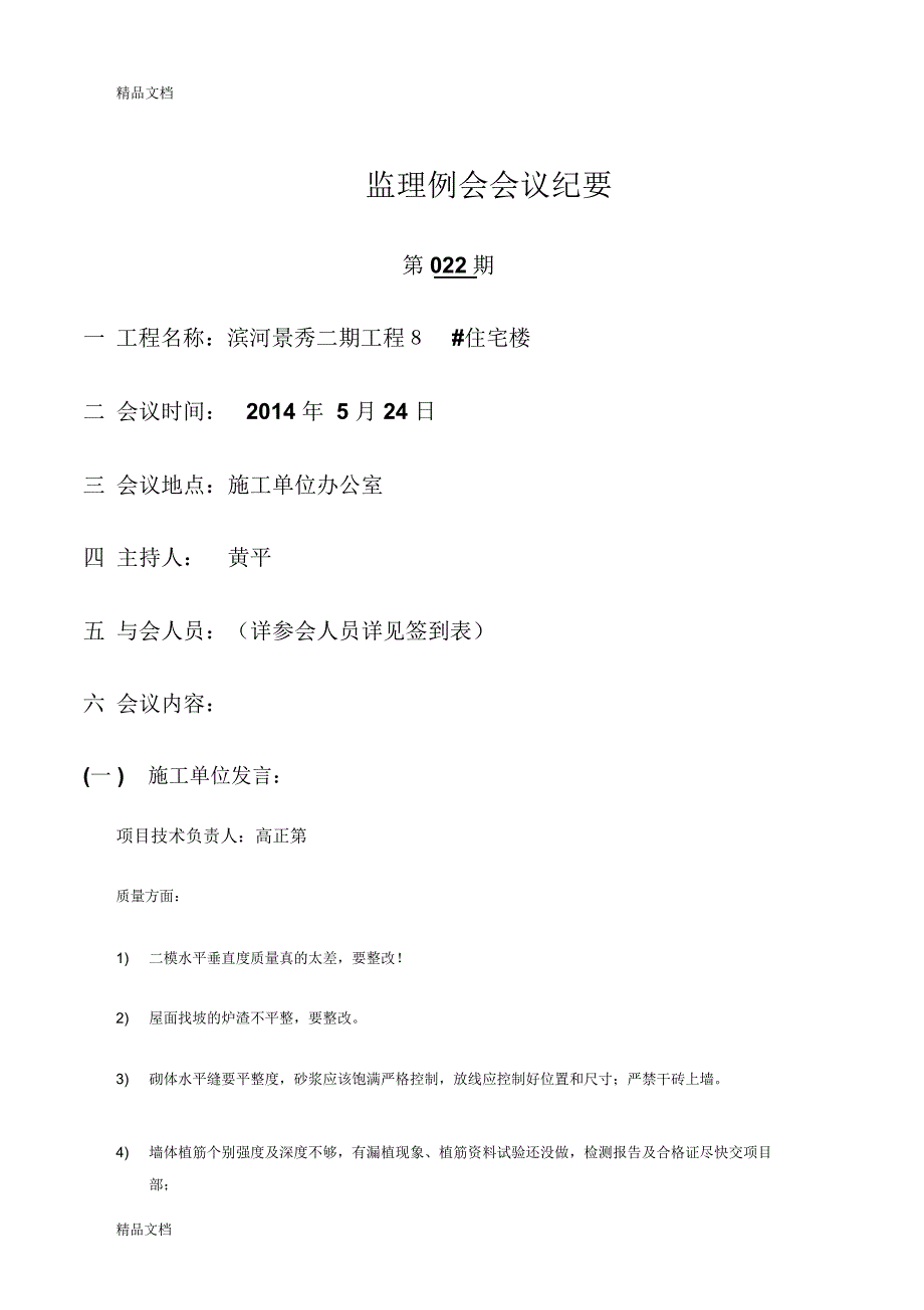 最新工程监理例会纪要范本资料_第1页