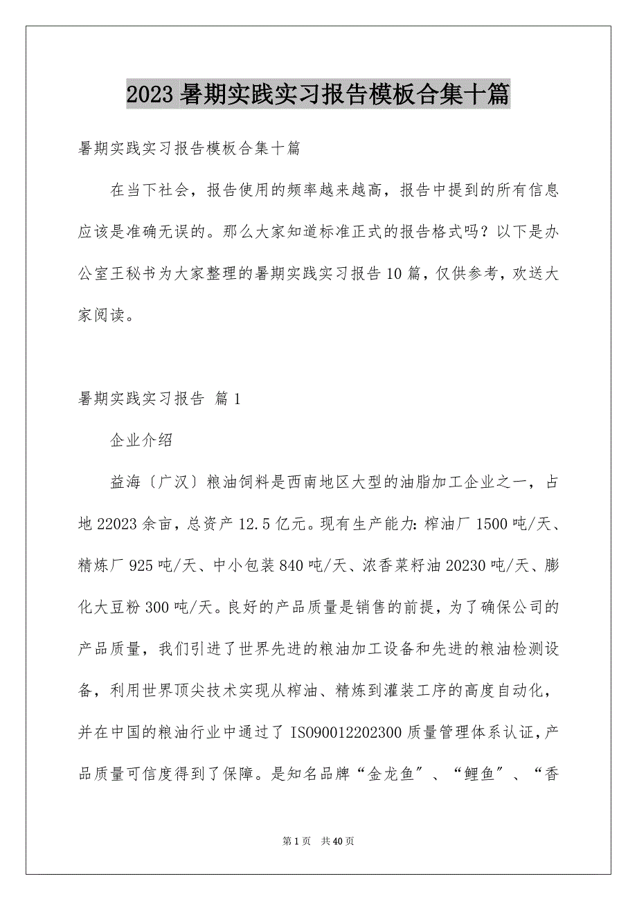 2023年暑期实践实习报告模板合集十篇.docx_第1页