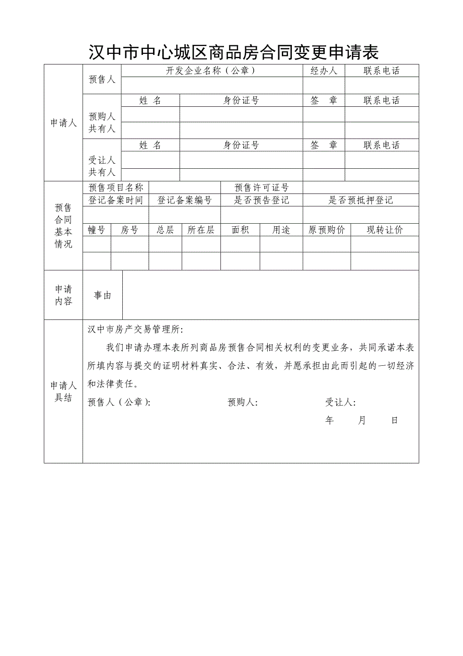 汉中中心城区商品房合同变更申请表_第1页