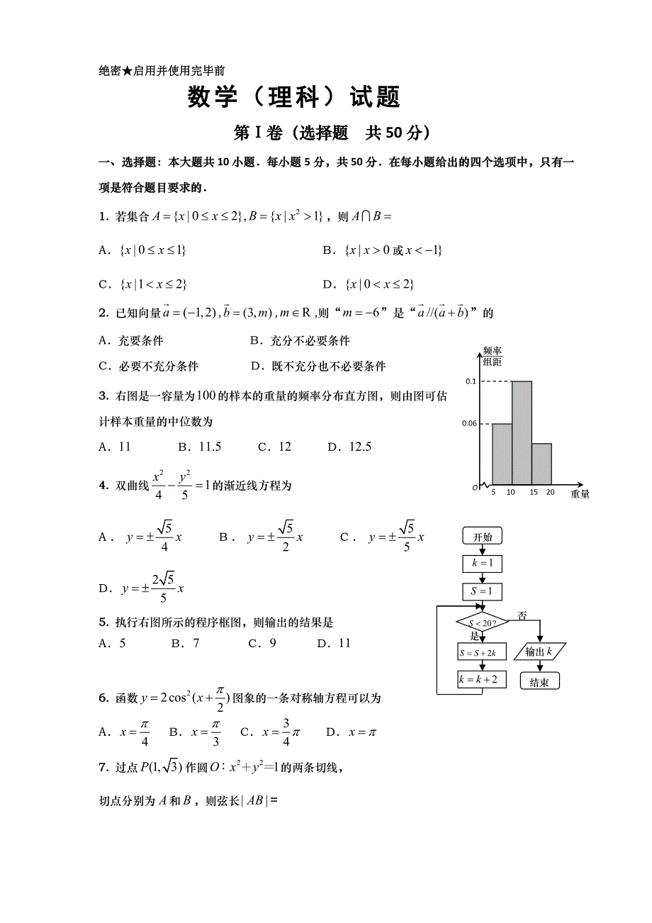 新版山东省济南市济钢高中高三4月份模拟考试数学理试题及答案_第1页