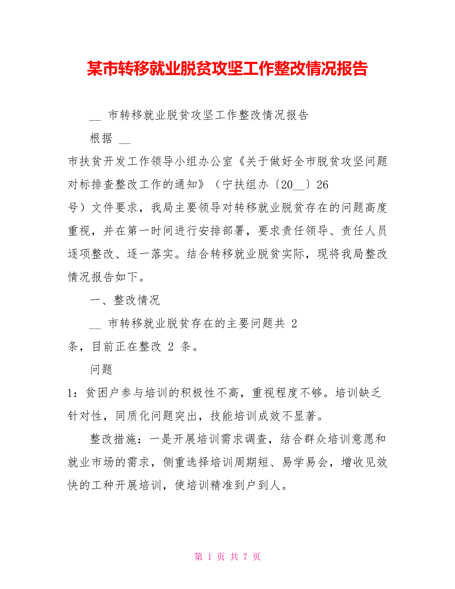 某市转移就业脱贫攻坚工作整改情况报告_第1页