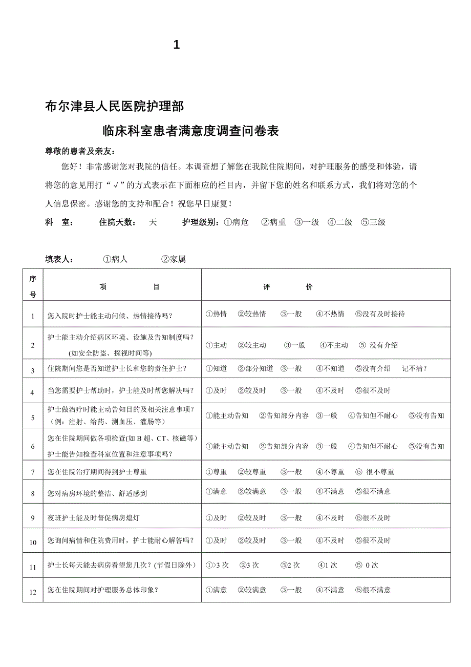 2013新版修改后患者满意度体验调查问卷表_第1页