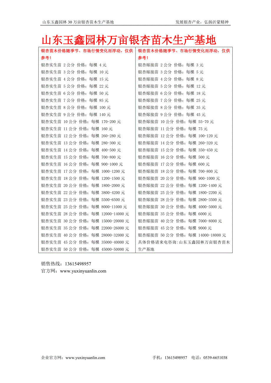 21公分银杏树价格-山东玉鑫园林30万亩银杏苗木生产基地.doc_第1页