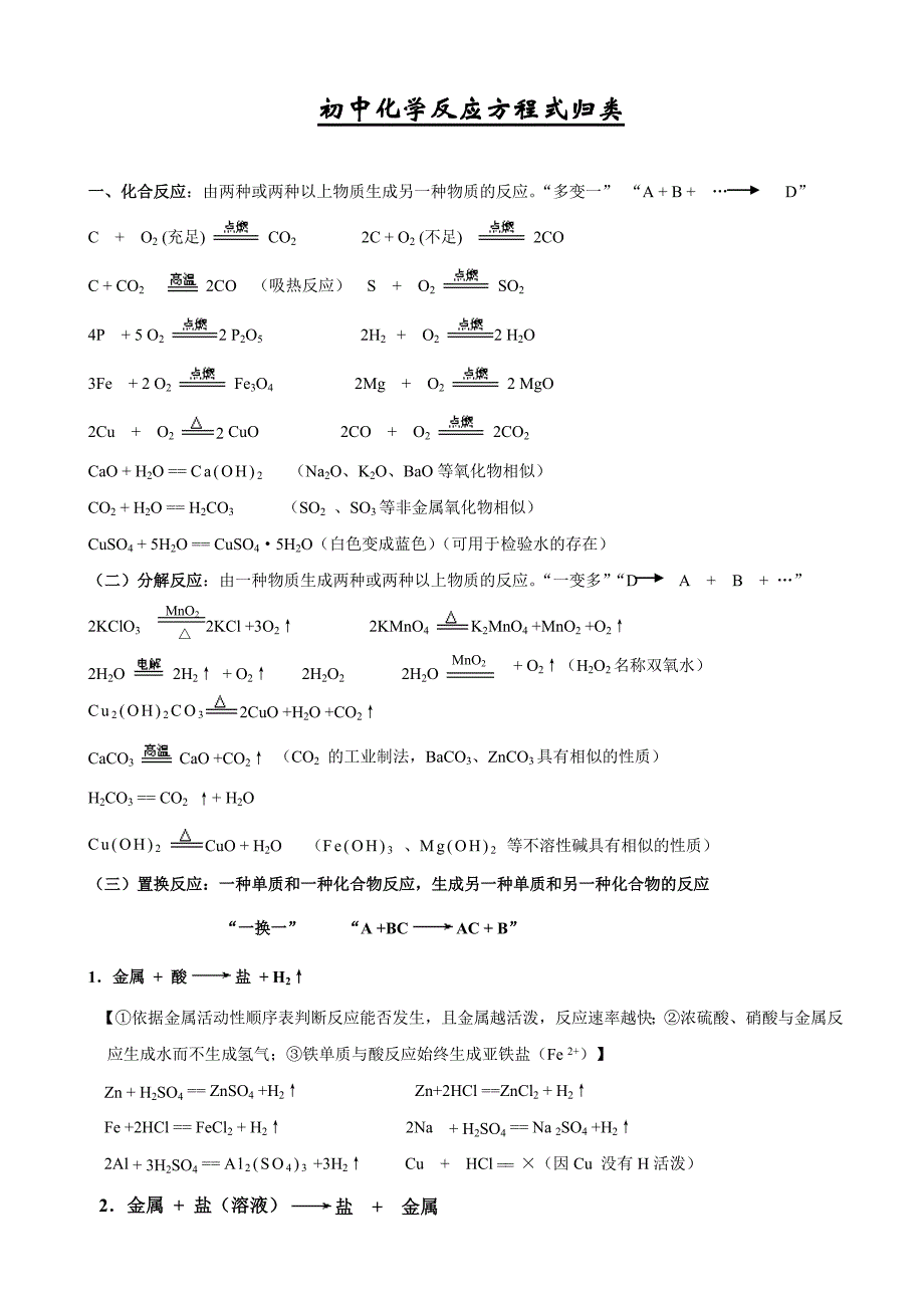 初中化学反应方程式归类(人教版)_第1页