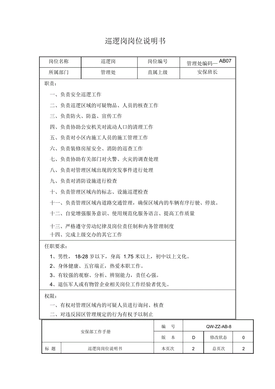 巡逻岗岗位说明书_第1页