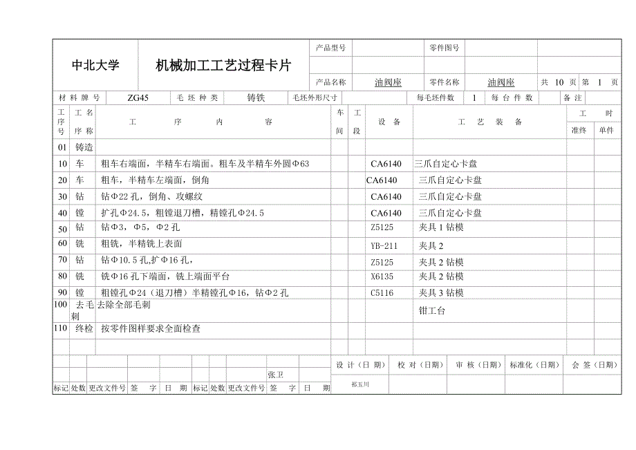 油阀座机械加工工艺过程卡片.doc_第1页