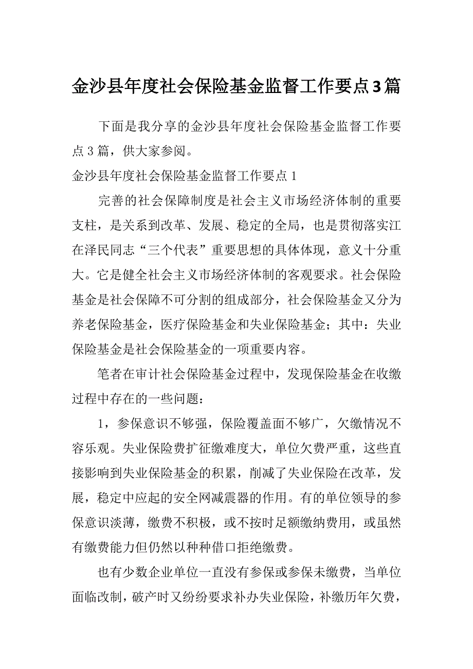 金沙县年度社会保险基金监督工作要点3篇_第1页