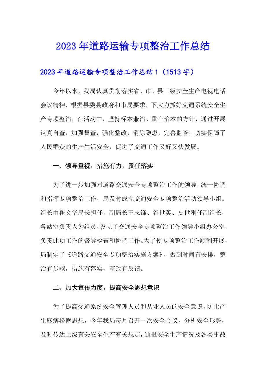 2023年道路运输专项整治工作总结_第1页