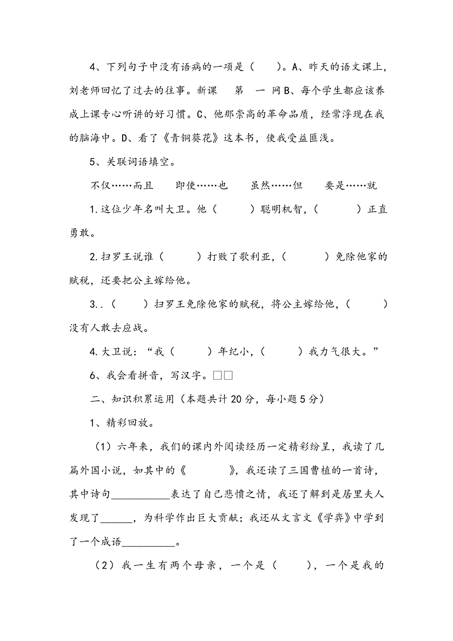 2020-2021年度小升初语文摸底考试试卷浙教版B卷附解析下载_第2页