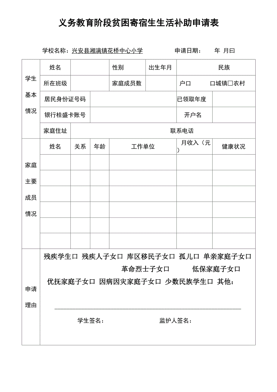 贫困寄宿生生活补助申请表_第1页