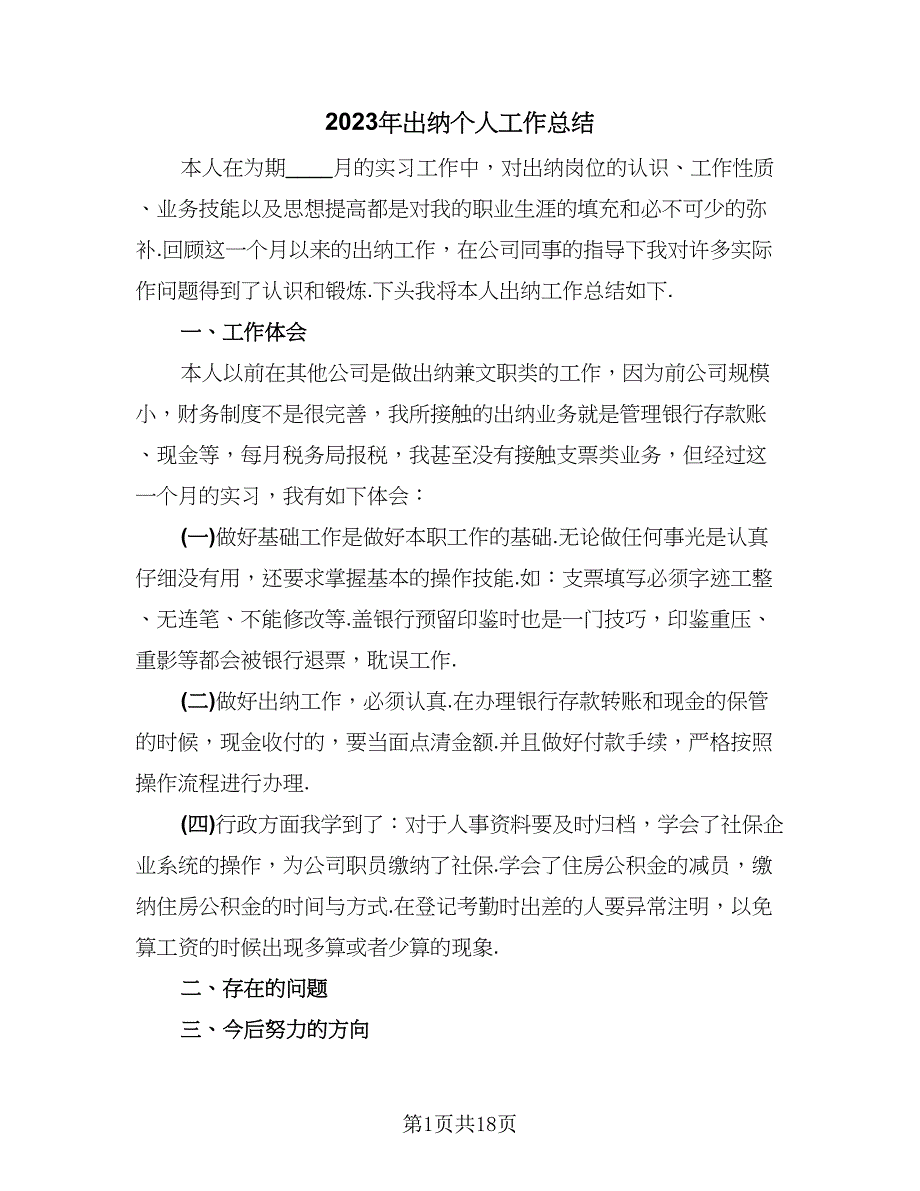 2023年出纳个人工作总结（9篇）_第1页