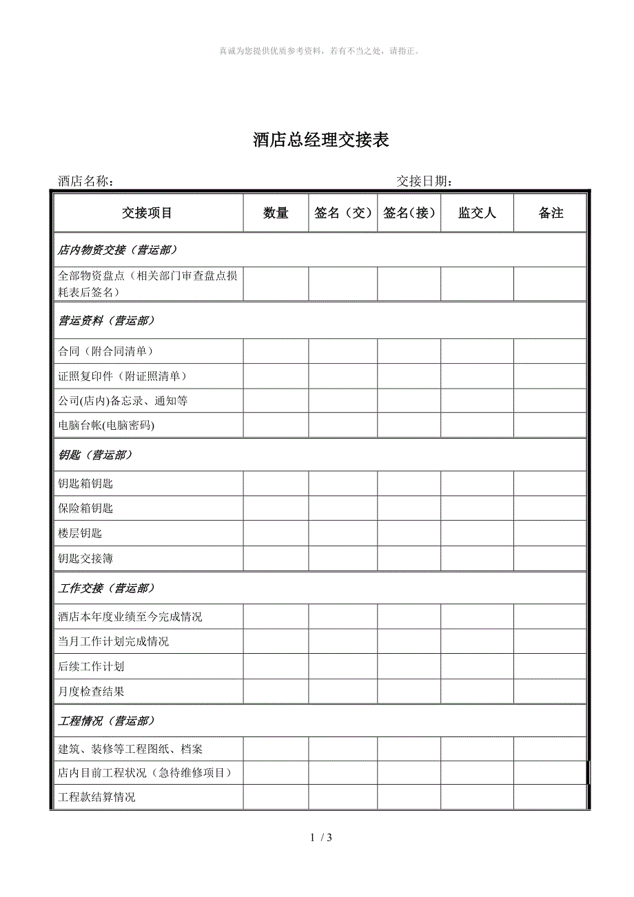 酒店总经理交接表_第1页