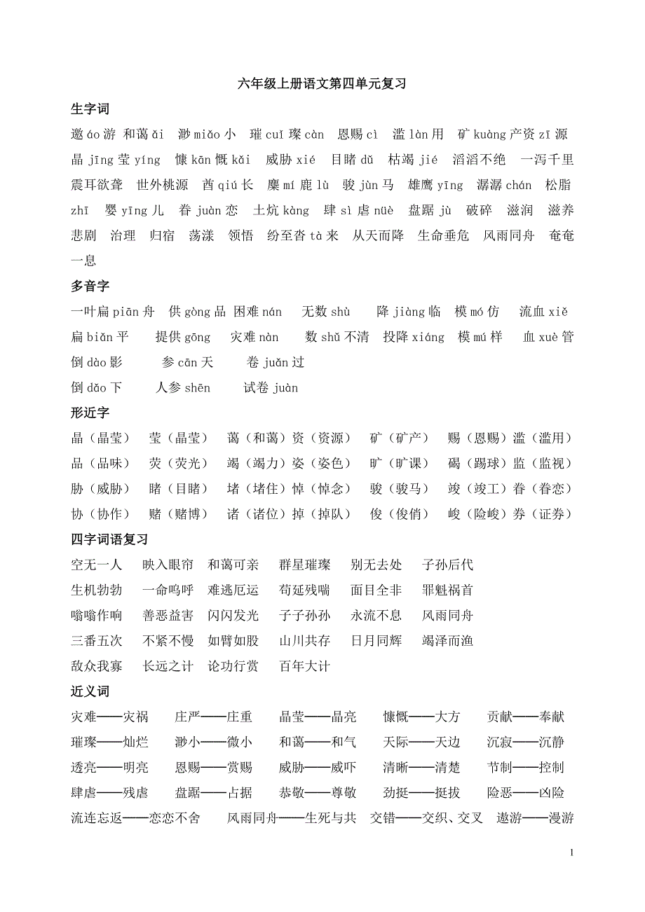 人教版语文六年级上册第四单元复习资料(全面)_第1页