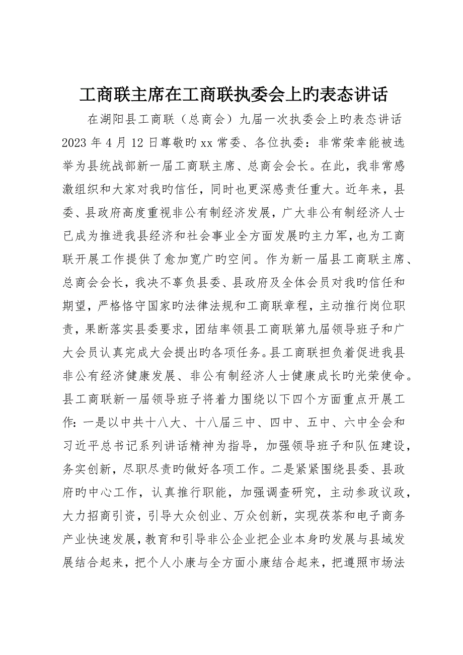 工商联主席在工商联执委会上的表态讲话_第1页