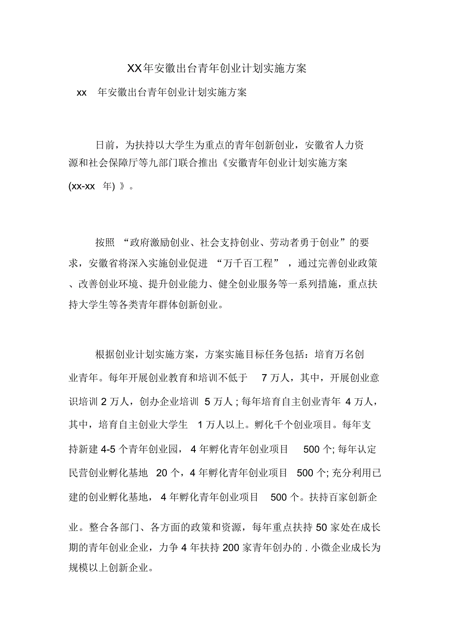 XX年安徽出台青年创业计划实施方案_第1页