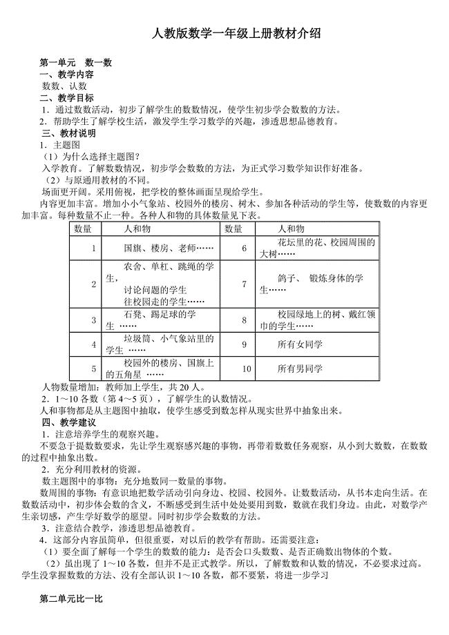 新人教版小学数学教师培训材料一年级上册教材介绍