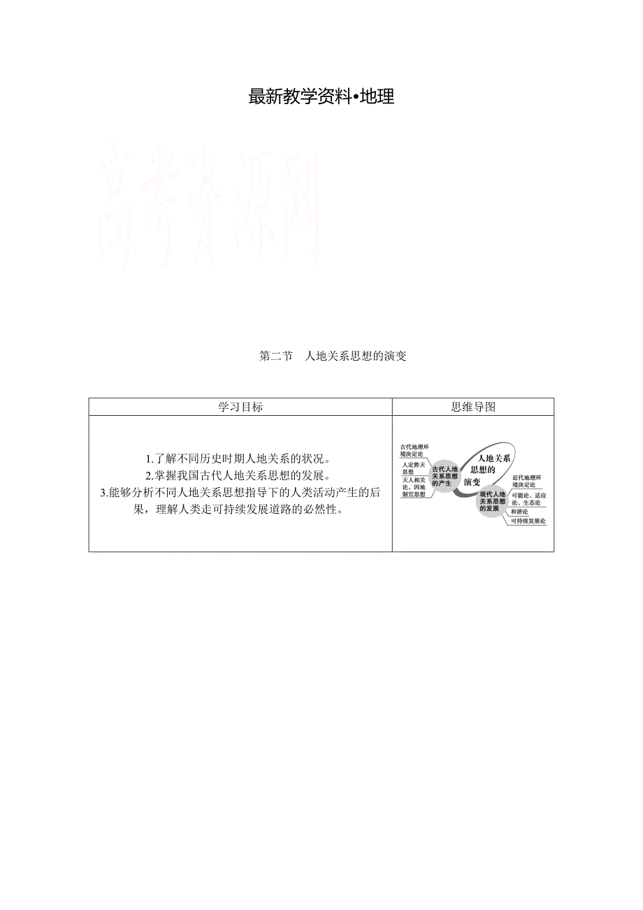 【最新】优化方案高中地理湘教版必修二学案 第四章 人类与地理环境的协调发展 第二节人地关系思想的演变_第1页