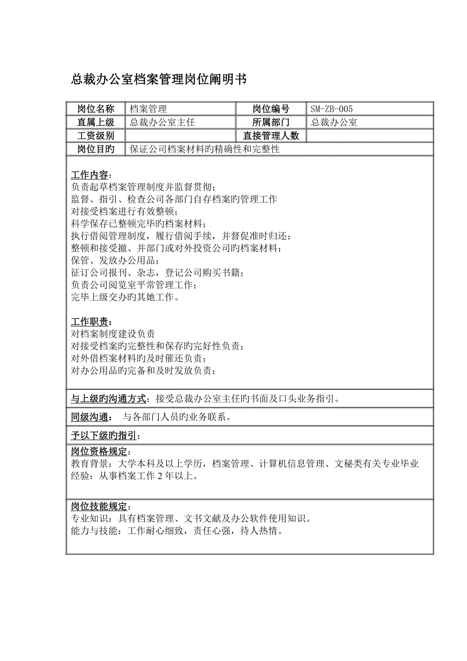 总裁办公室档案管理职位专项说明书_第1页