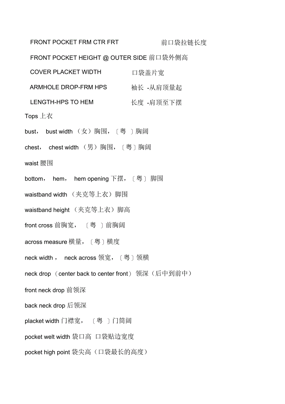 服装尺寸中英对照大全_第4页