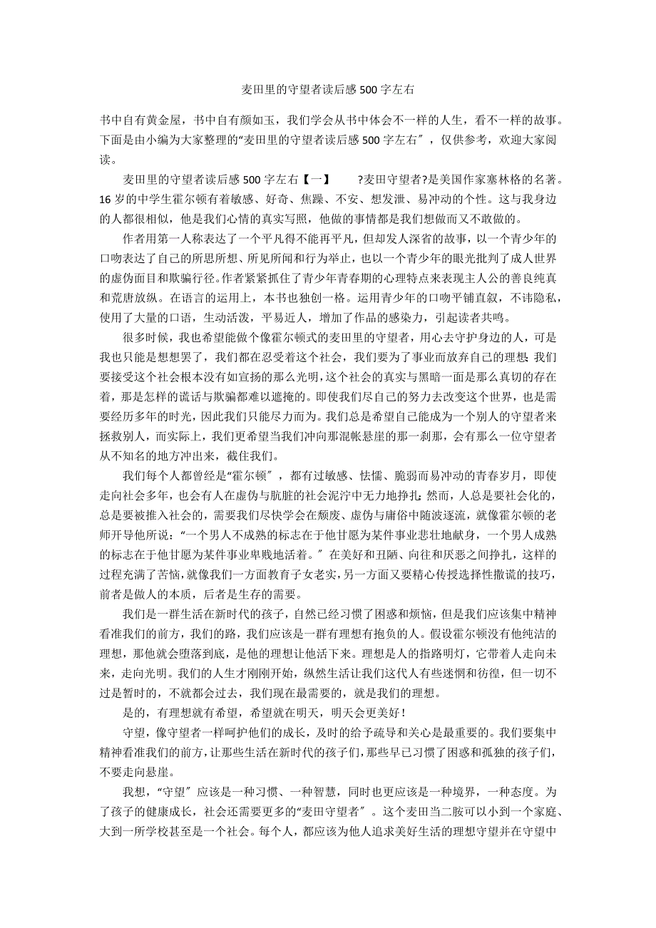 麦田里的守望者读后感500字左右_第1页