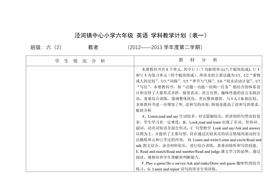 六年级第二学期英语学科计划_第1页