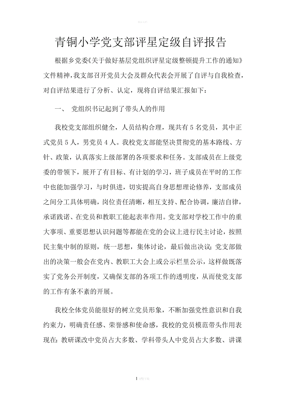 青铜小学党支部评星定级自评报告_第1页