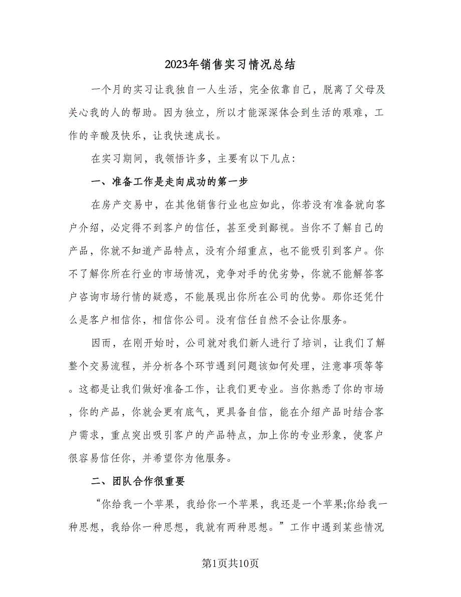 2023年销售实习情况总结（二篇）.doc_第1页