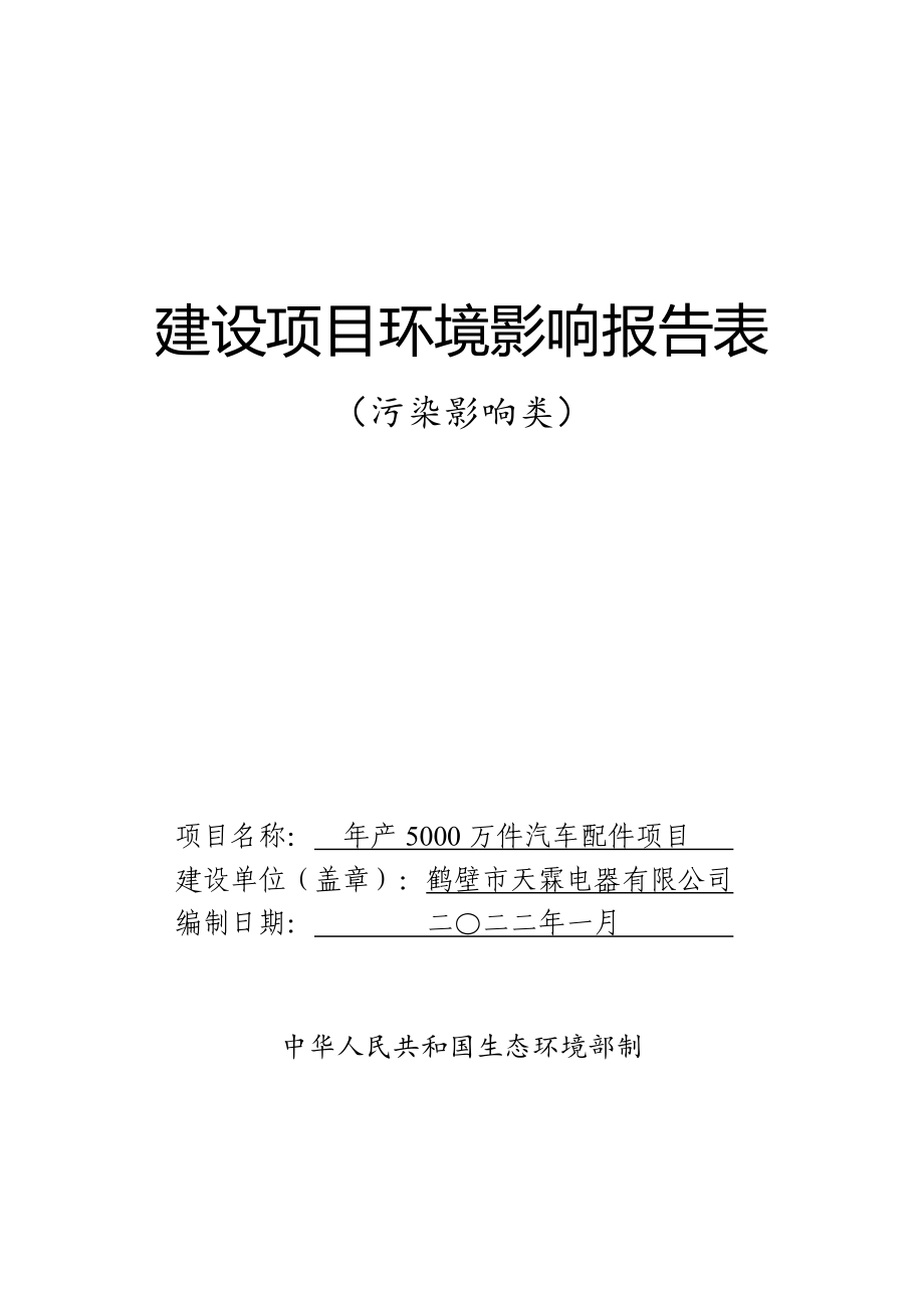 鹤壁市天霖电器有限公司年产5000万件汽车配件项目环境影响报告.doc_第1页