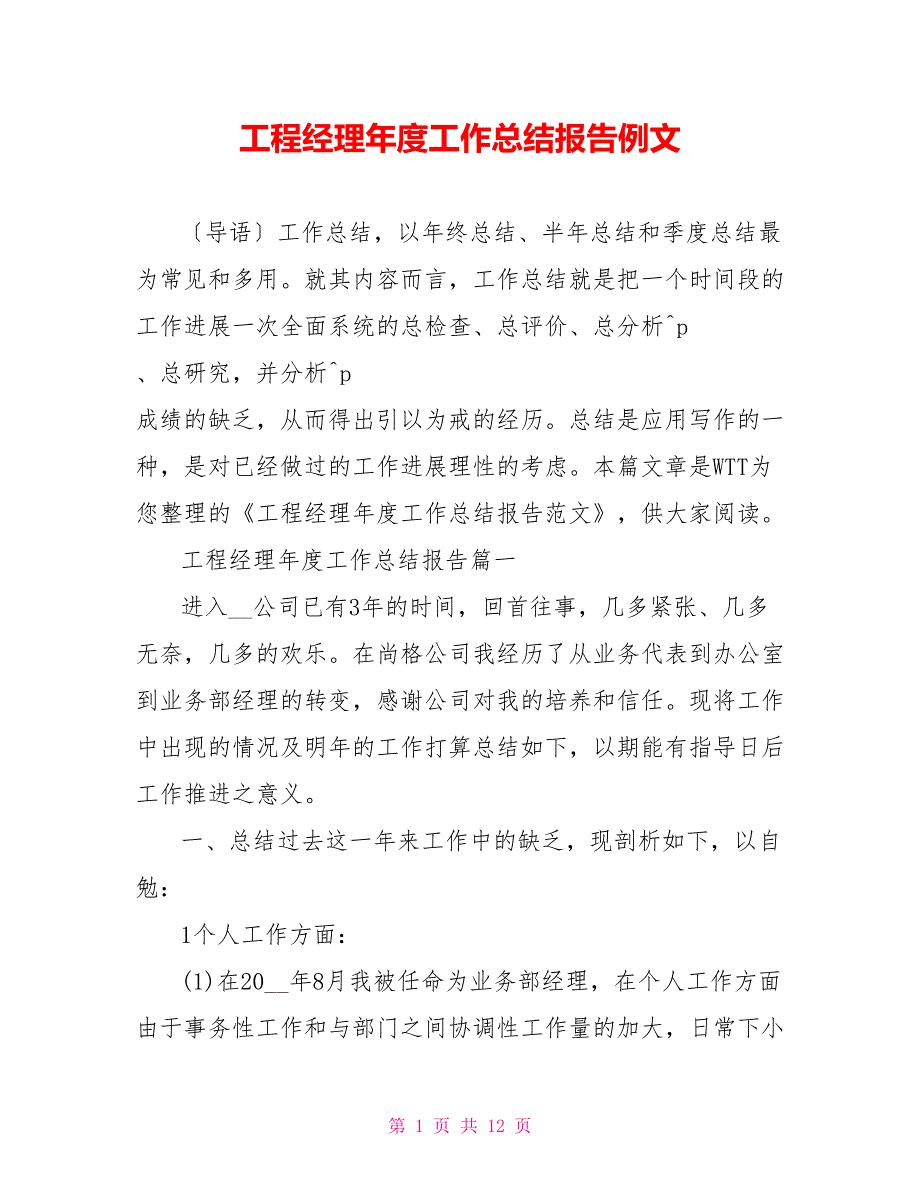 项目经理年度工作总结报告例文_第1页