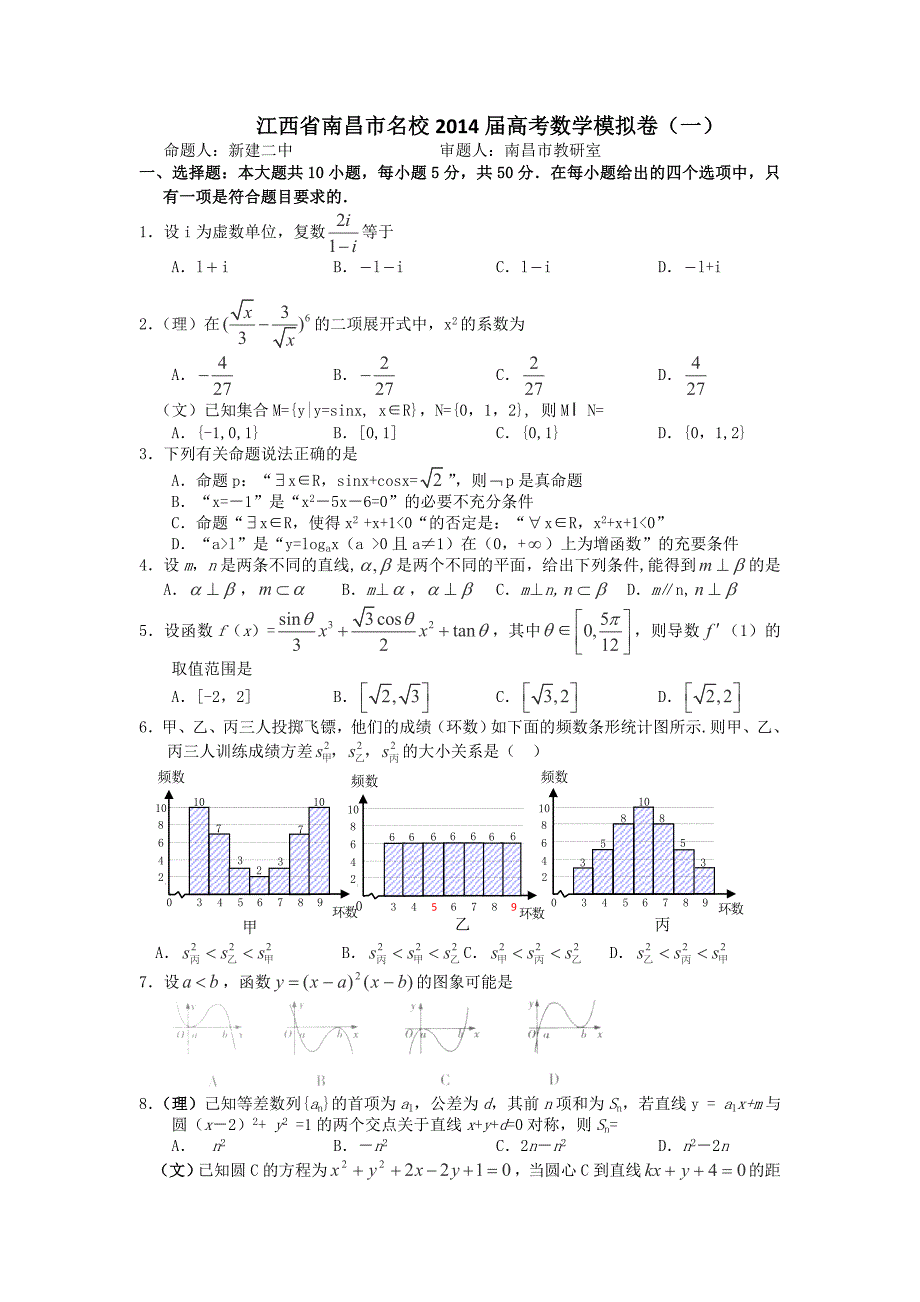 江西省南昌市名校高考数学模拟卷一及答案_第1页