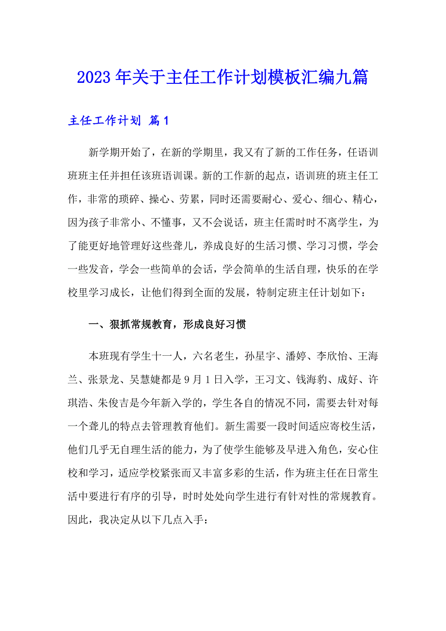 2023年关于主任工作计划模板汇编九篇_第1页