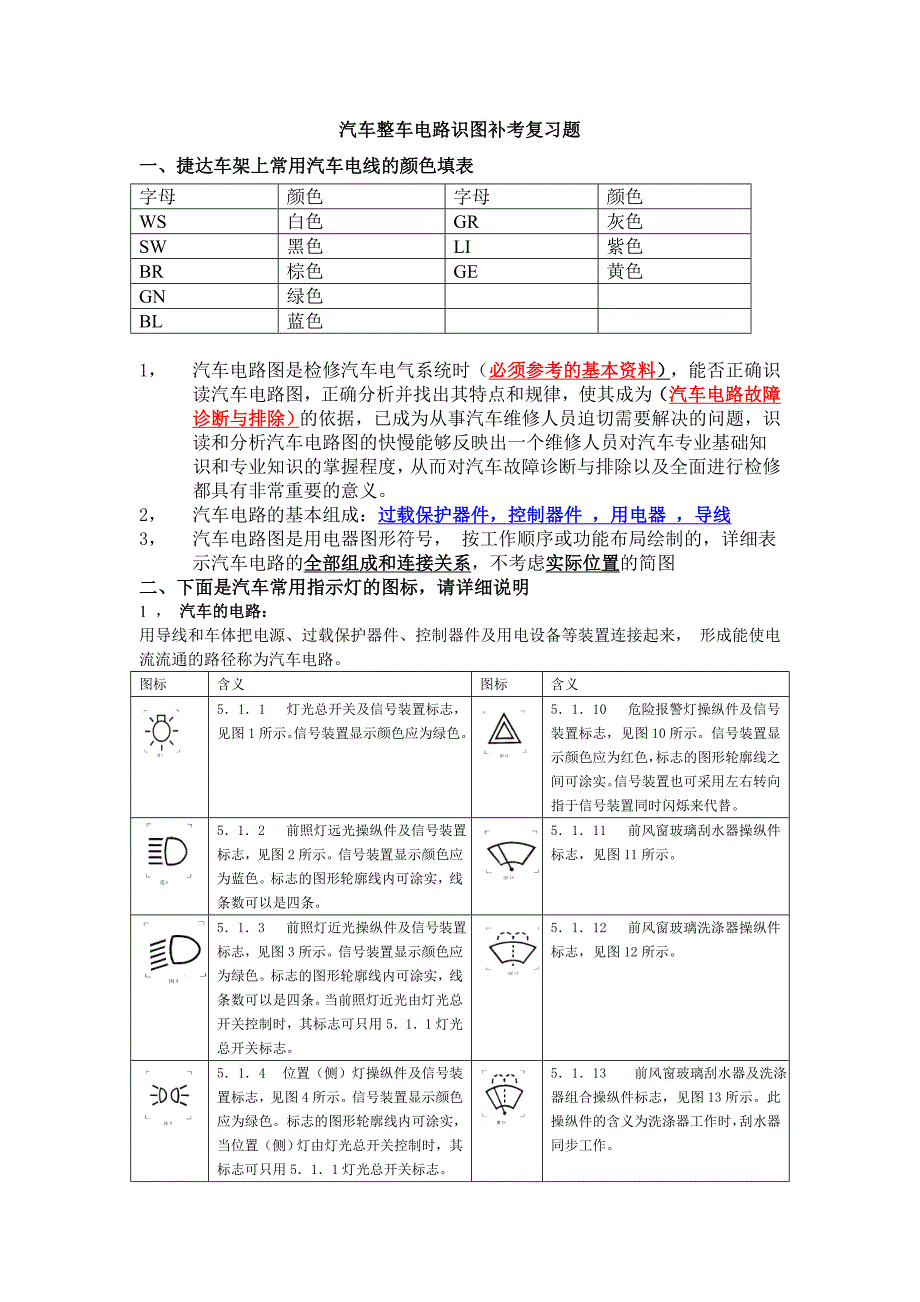 汽车整车电路识图补考复习题_第1页