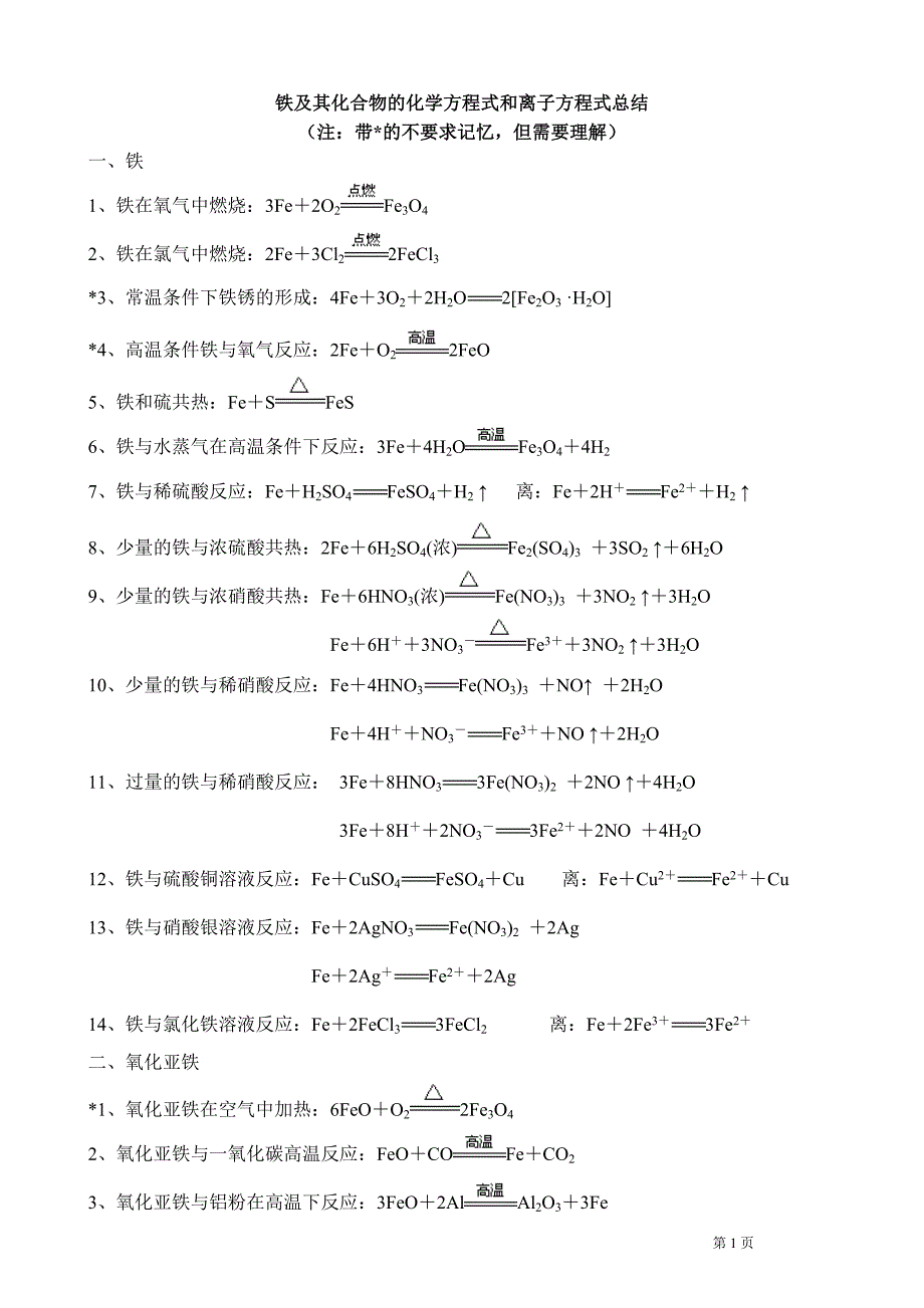 铁及其化合物的化学方程式和离子方程式答案_第1页