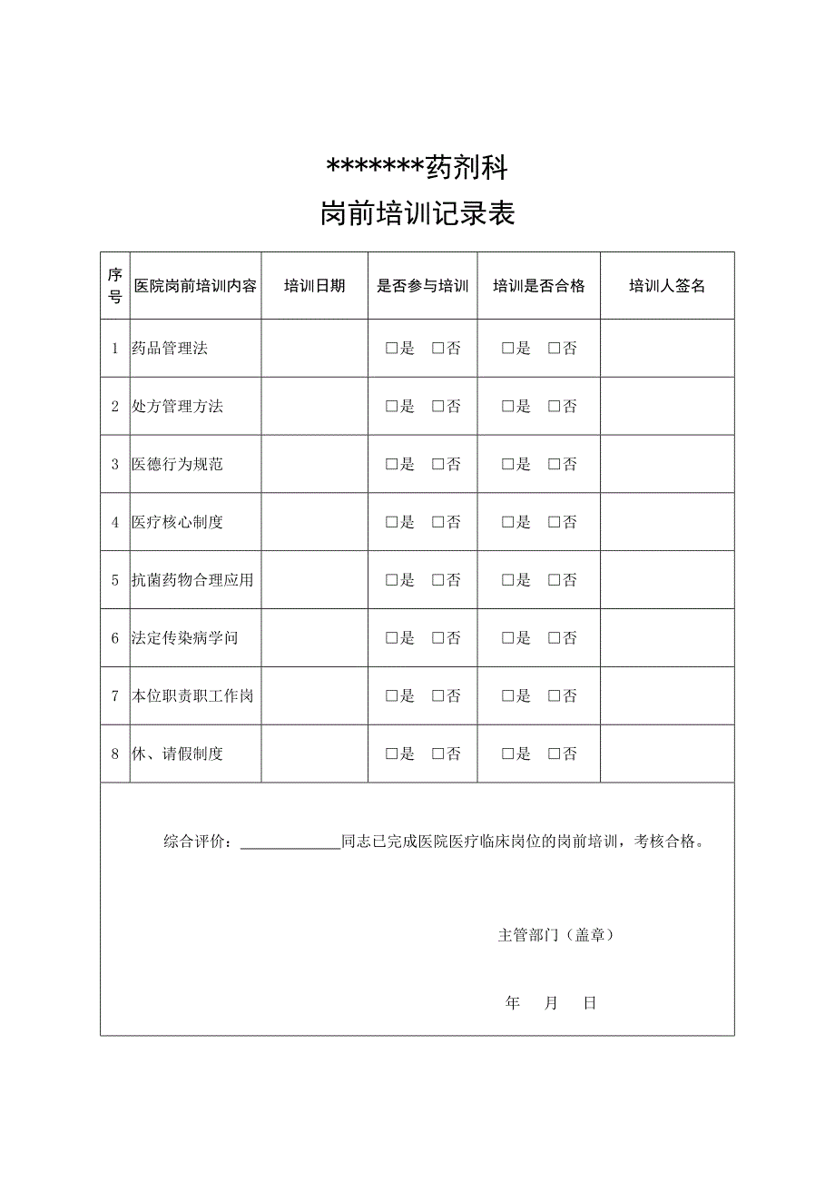 药剂科岗前培训记录表_第1页