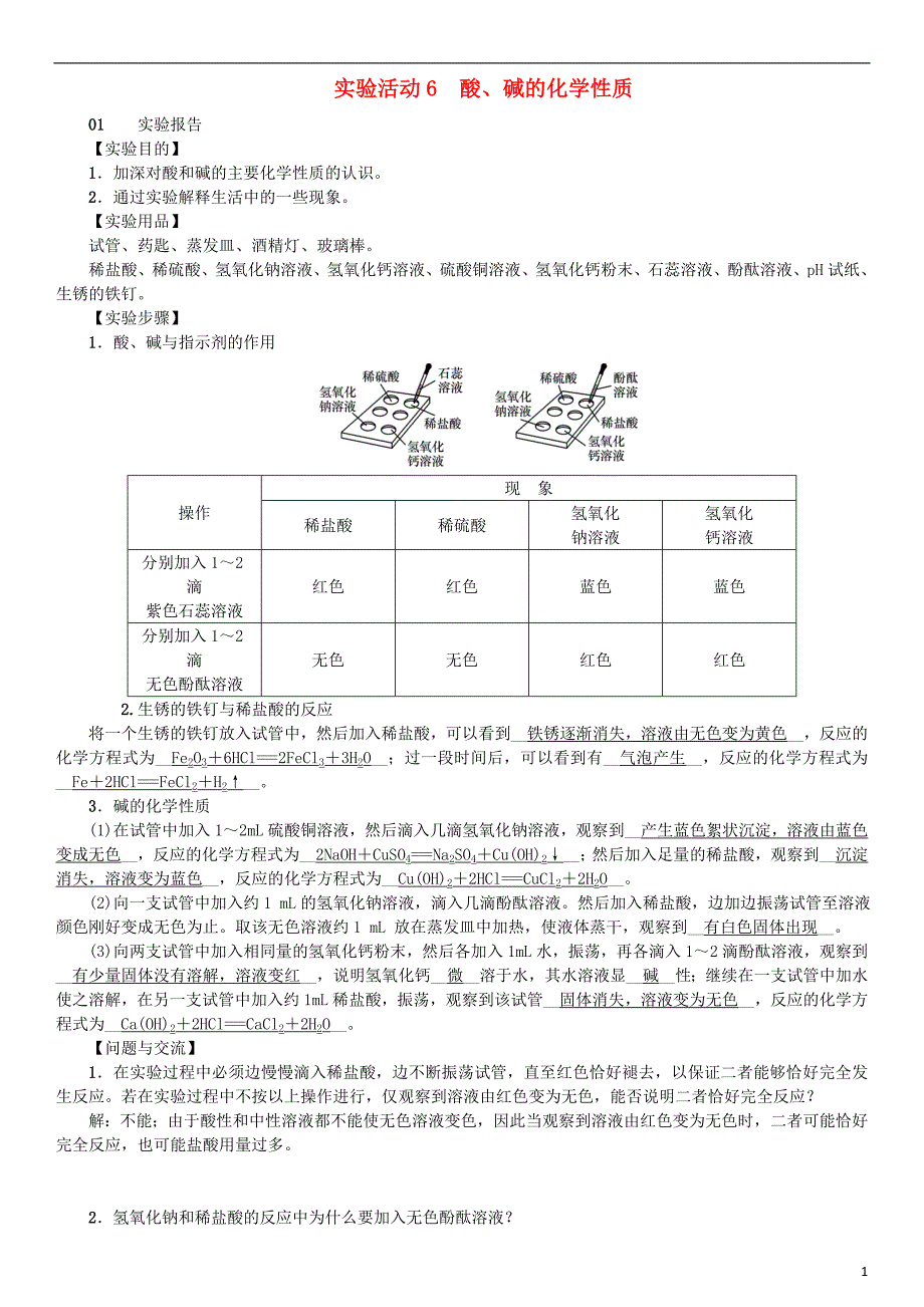 2019届九年级化学下册 第十单元 酸和碱 实验活动6 酸、碱的化学性质同步测试（含18年真题）（新版）新人教版_第1页