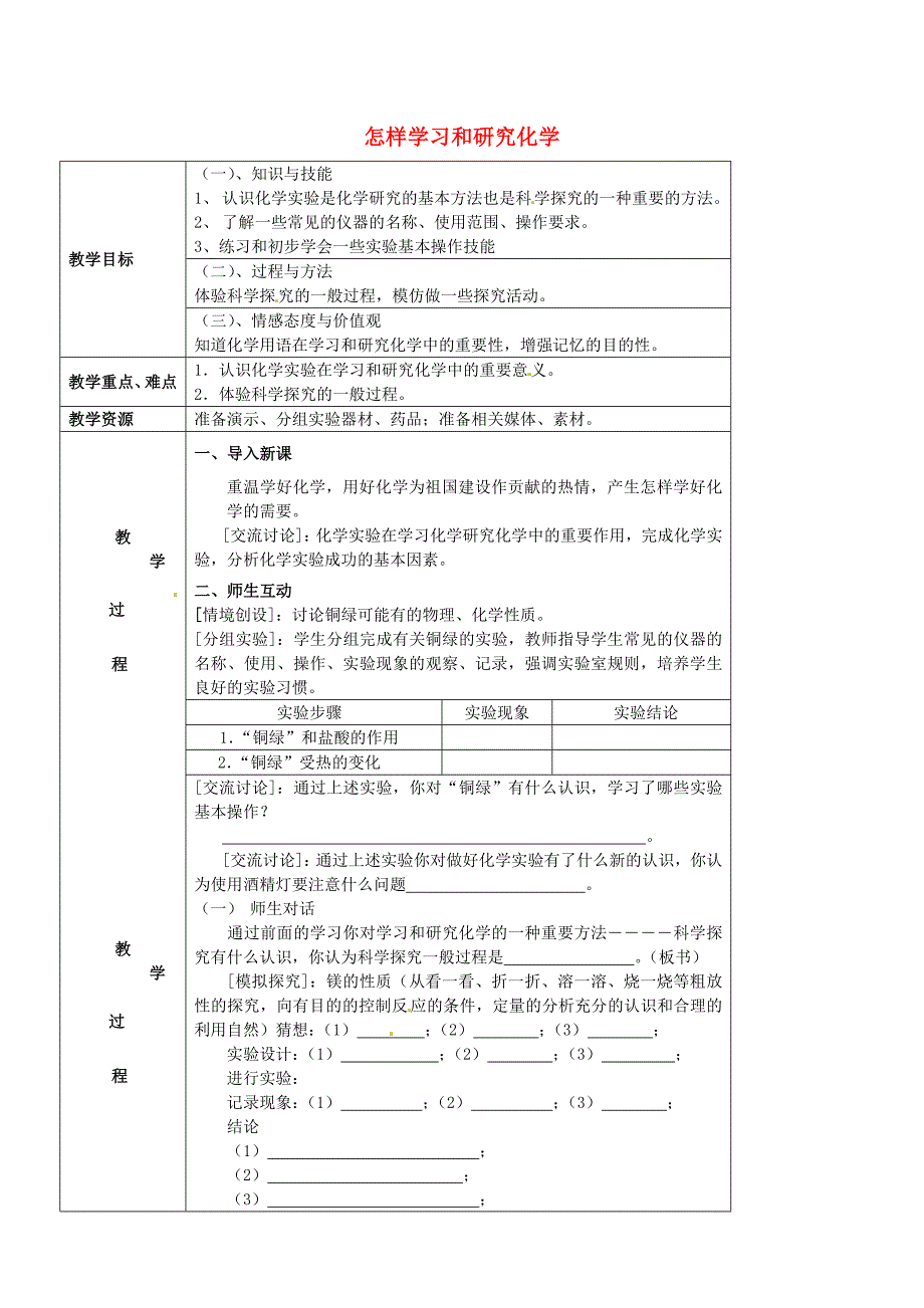 精修版【沪教版】九年级化学：1.3怎样学习和研究化学教案1_第1页