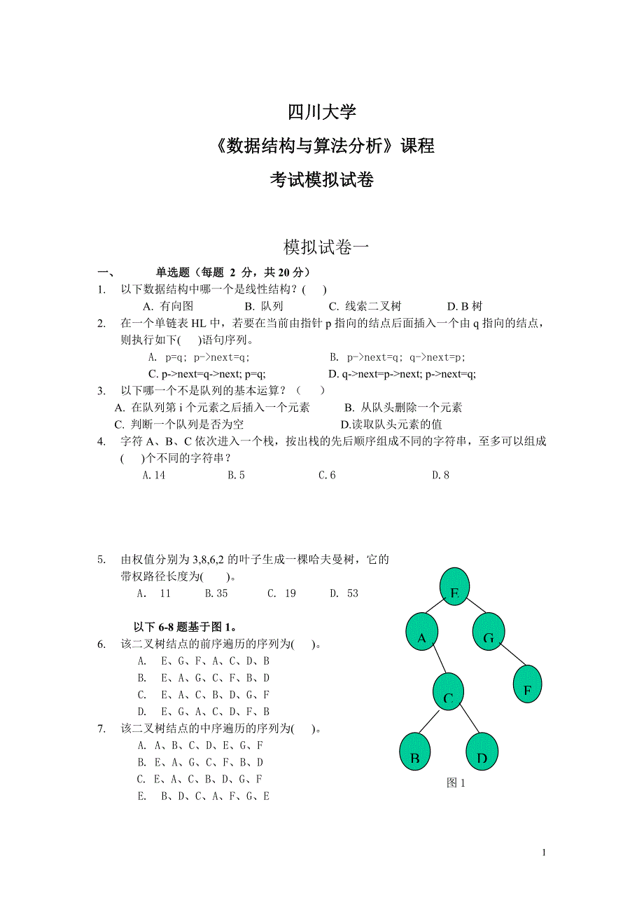 数据结构与算法模拟试卷一、二及参考答案_第1页