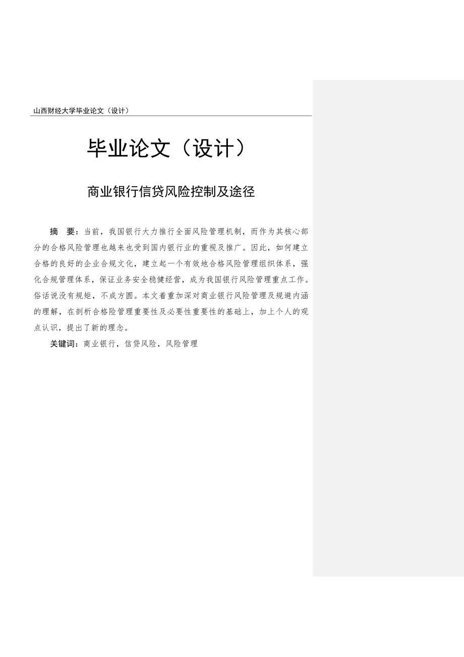 毕业论文(设计)商业银行信贷风险控制及途径_第1页