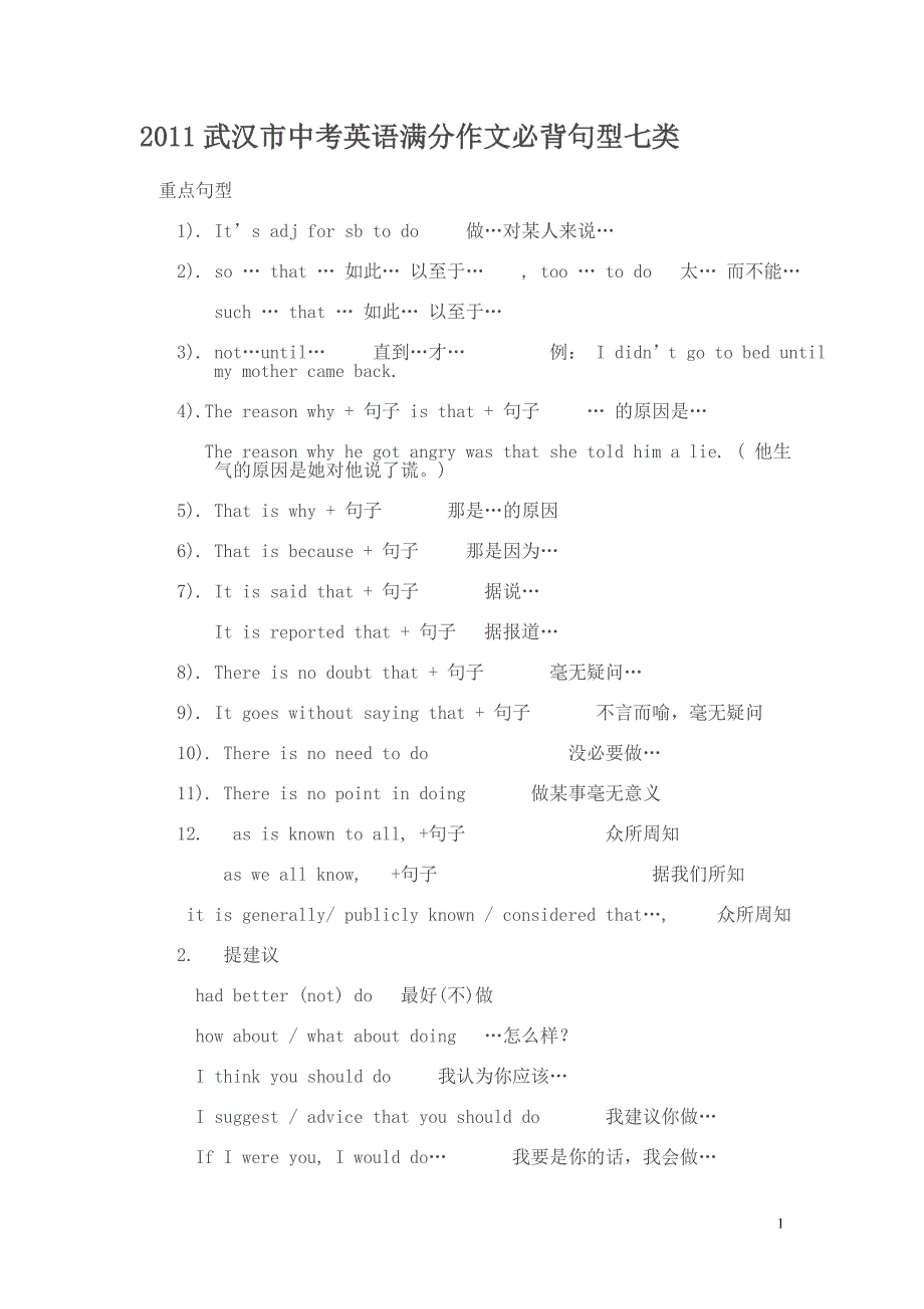 2011武汉市中考英语满分作文必背句型七类_第1页