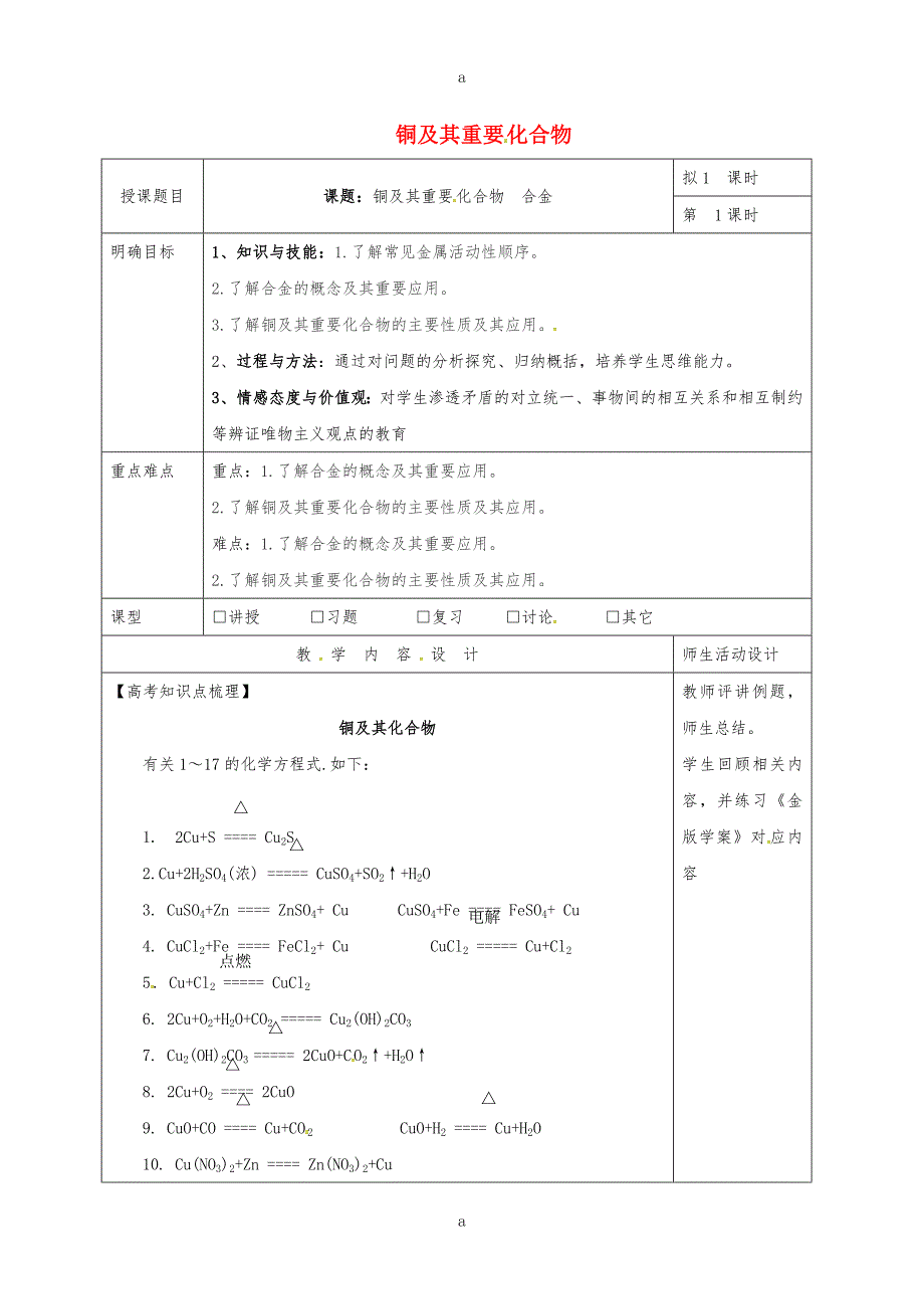 高三化学一轮复习 铜及其重要化合物教学设计.doc_第1页